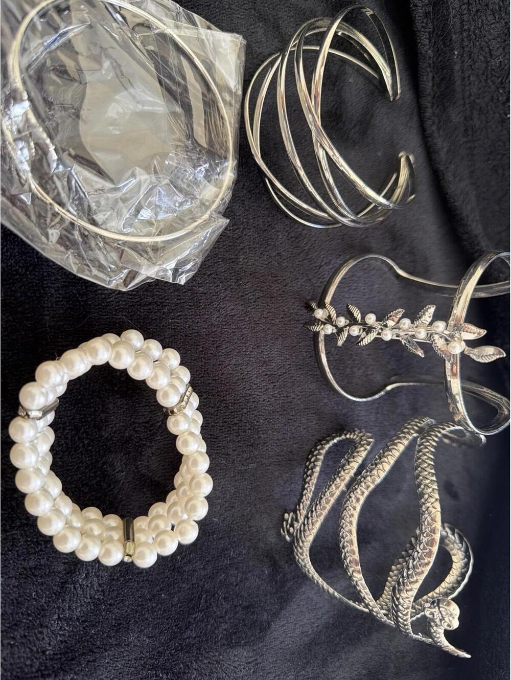 Lot Of 5 Silver Tone Bracelets Cuff Bangle Snake Floral Faux Pears Fashion